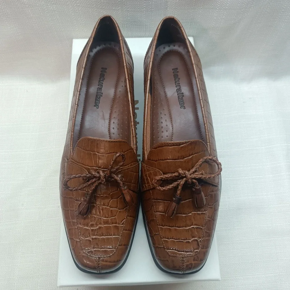 Vtg Y2K Naturalizer Womens 8M Tan‎ Leather Croc Natural Flex Loafer Shoes 712N82